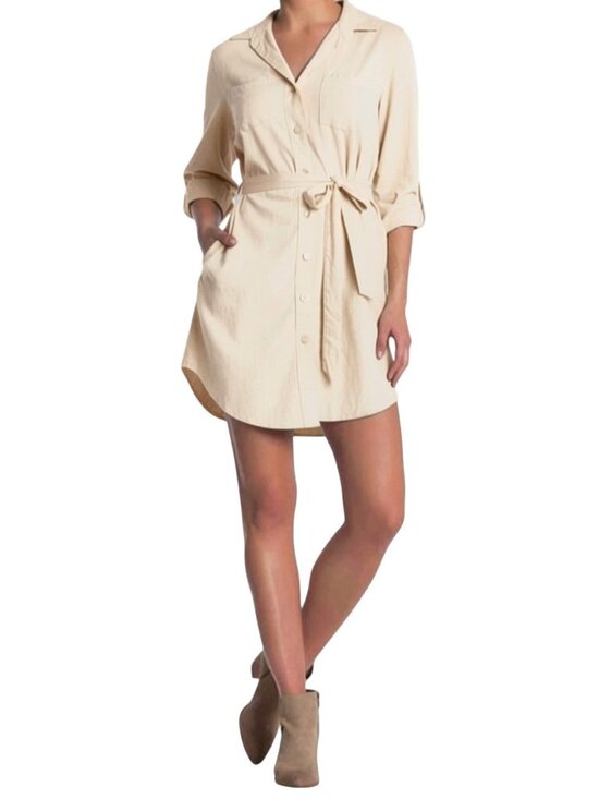 Velvet Heart Dresses & Skirts - Velvet Heart Off White Long Sleeved Button tabs Linen Shirtdress Size XS